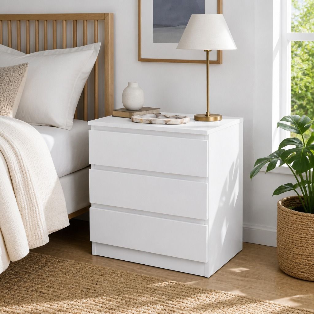 HYGGO Bedside Table Drawer Nightstand Warm White Triple Drawer Finger Pull Modern view 2