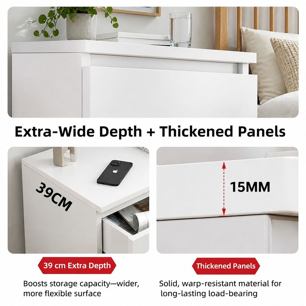 HYGGO Bedside Table Drawer Nightstand Warm White Triple Drawer Finger Pull Modern view 6