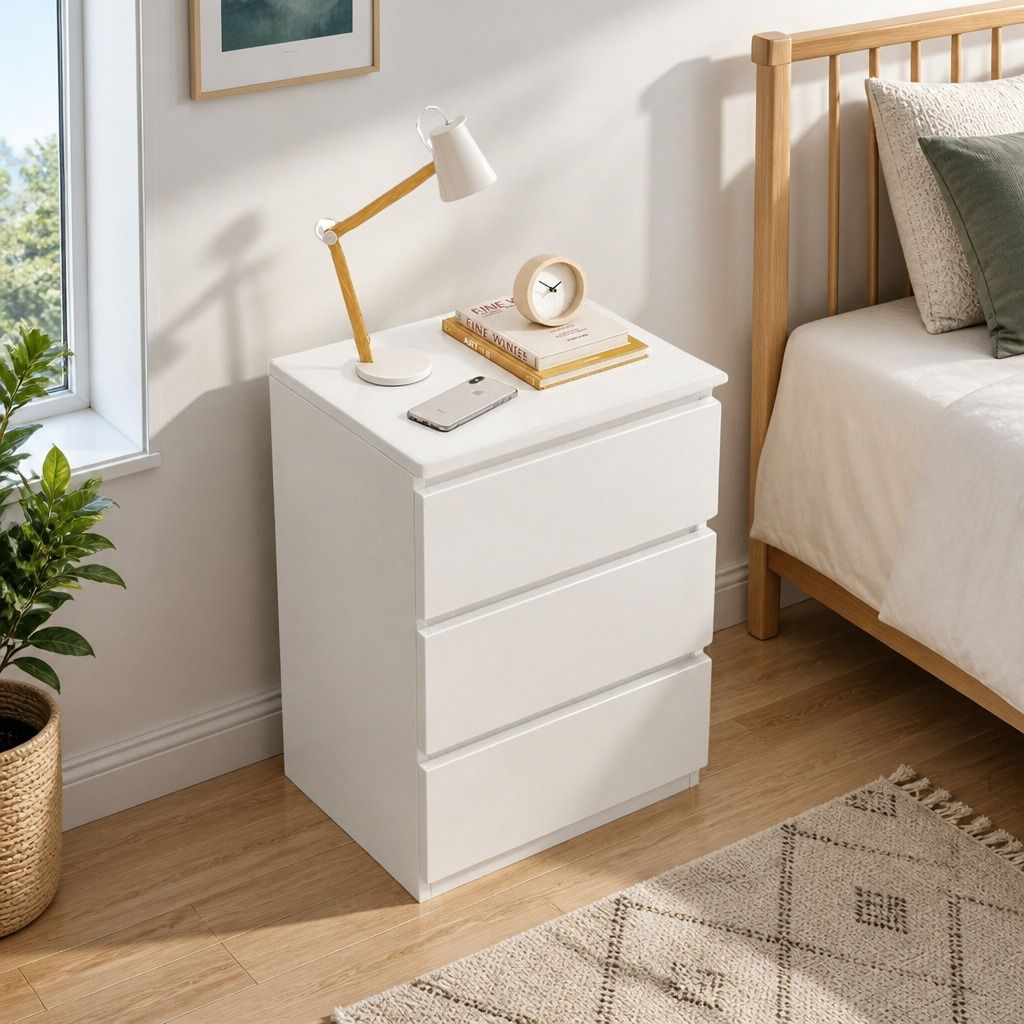 HYGGO Bedside Table Drawer Nightstand Warm White Triple Drawer Finger Pull Modern view 11