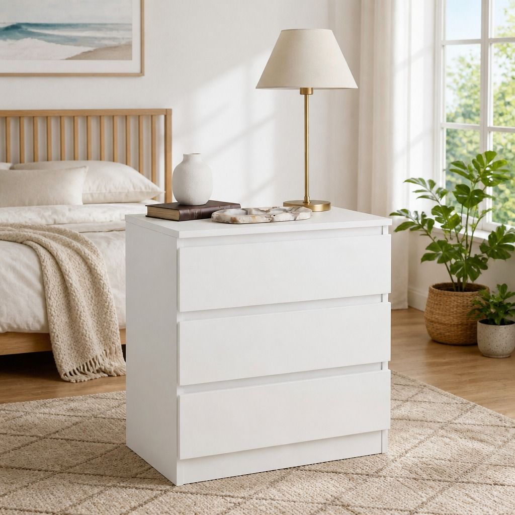 HYGGO Bedside Table Drawer Nightstand Warm White Triple Drawer Finger Pull Modern view 12