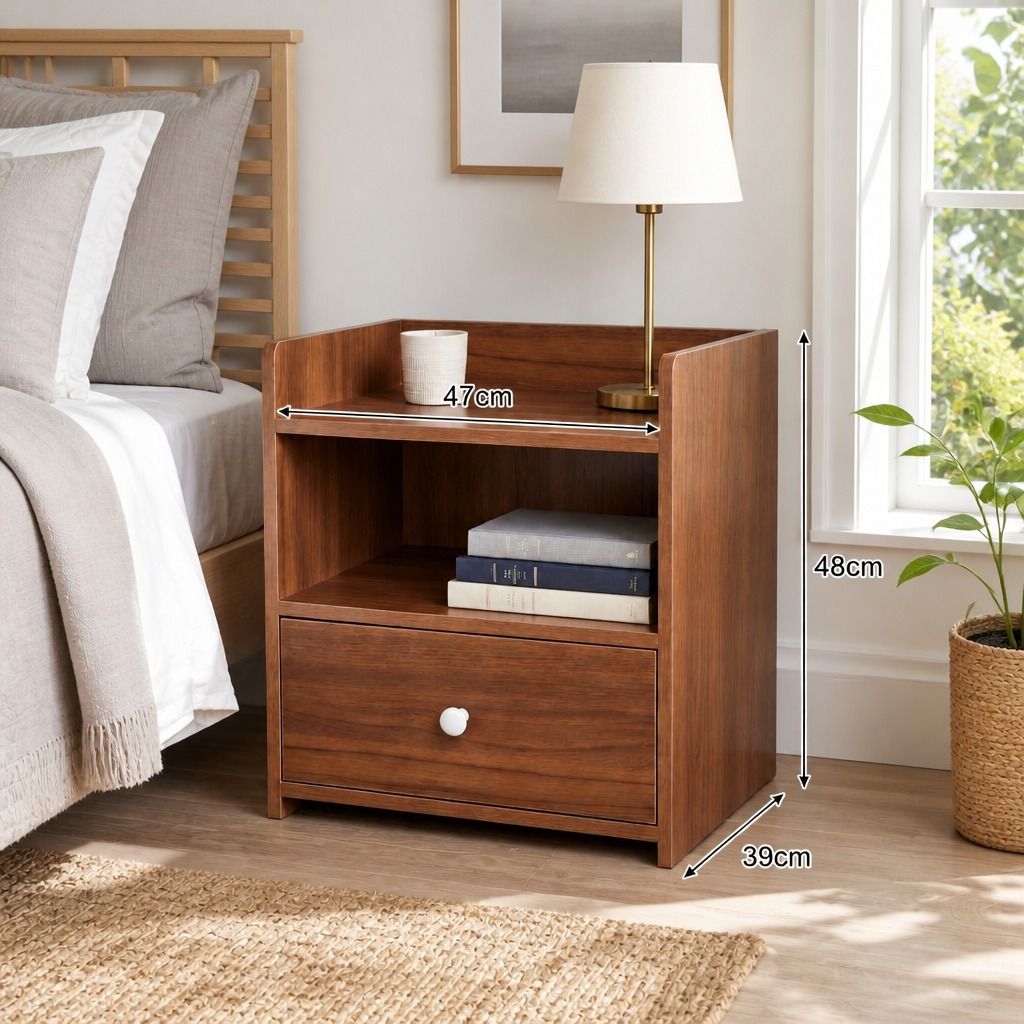 HYGGO Vintage Bedside Table Walnut Nightstand Drawer Open Shelf White Knob 48cm view 2