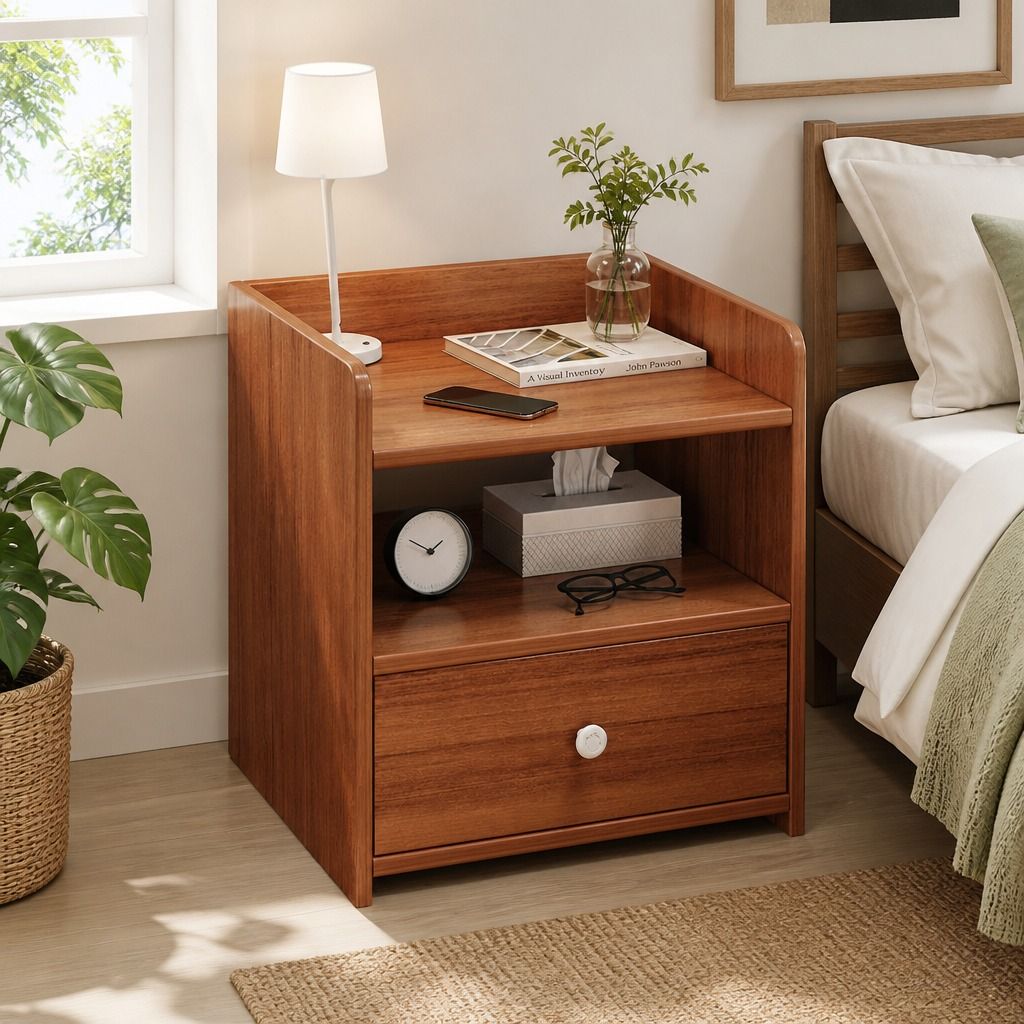 HYGGO Vintage Bedside Table Walnut Nightstand Drawer Open Shelf White Knob 48cm view 10