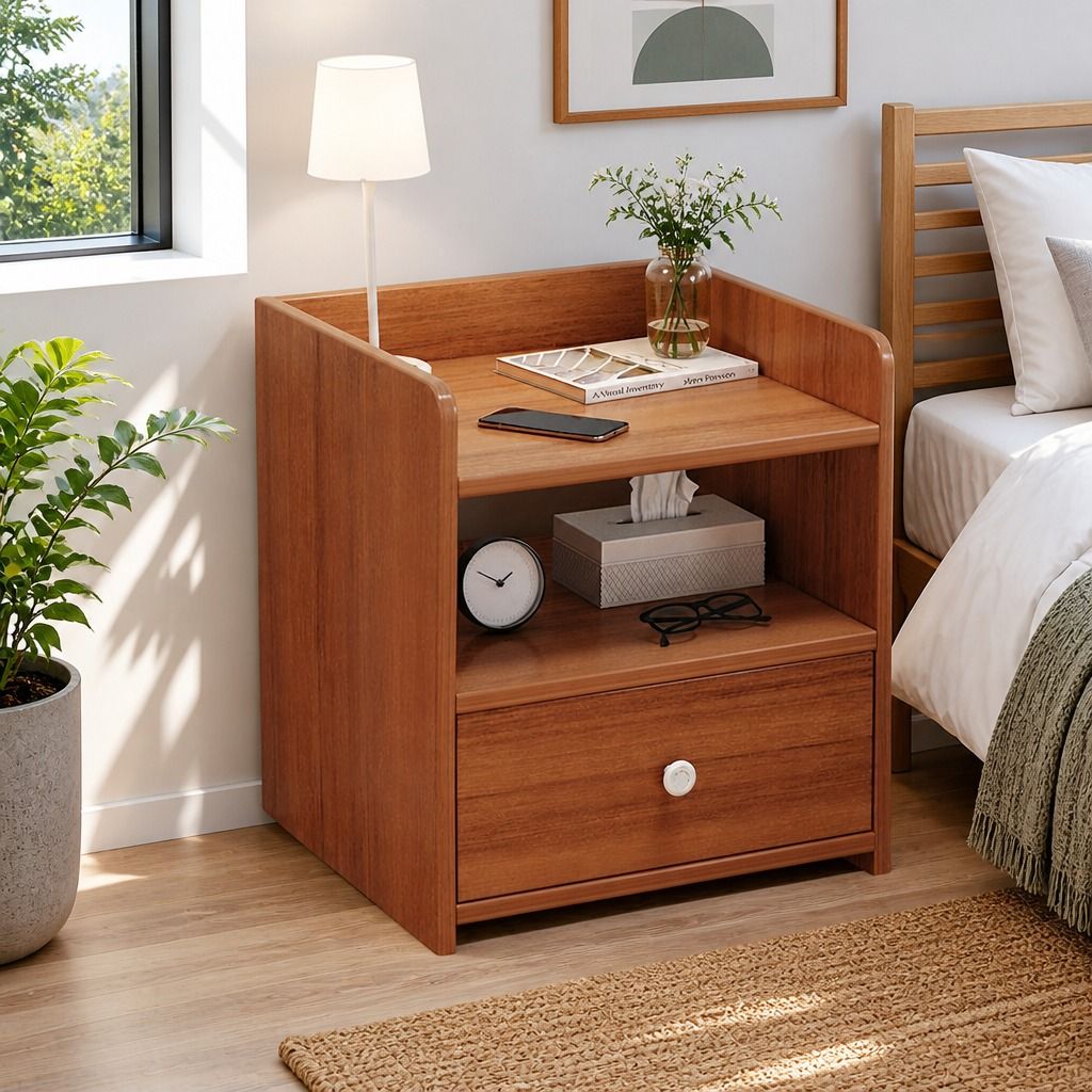 HYGGO Vintage Bedside Table Walnut Nightstand Drawer Open Shelf White Knob 48cm view 11