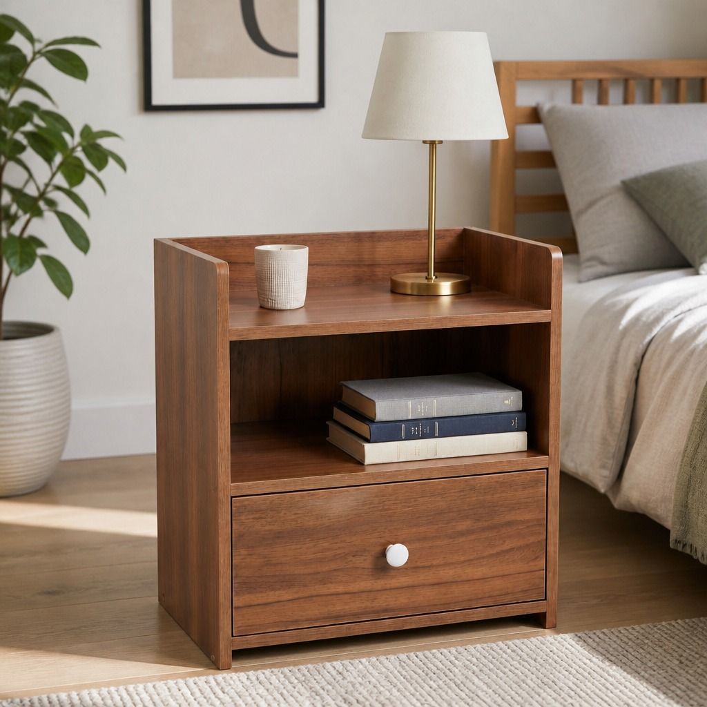HYGGO Vintage Bedside Table Walnut Nightstand Drawer Open Shelf White Knob 48cm view 12