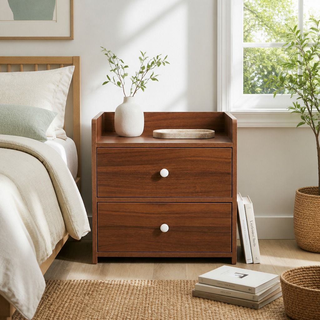 HYGGO Bedside Table Nightstand Walnut Wood Grain Double Drawer Tray Top White