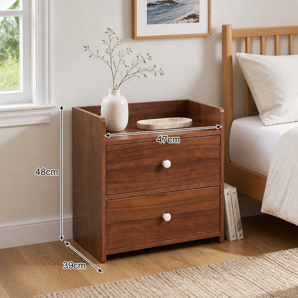 HYGGO Bedside Table Nightstand Walnut Wood Grain Double Drawer Tray Top White view 2