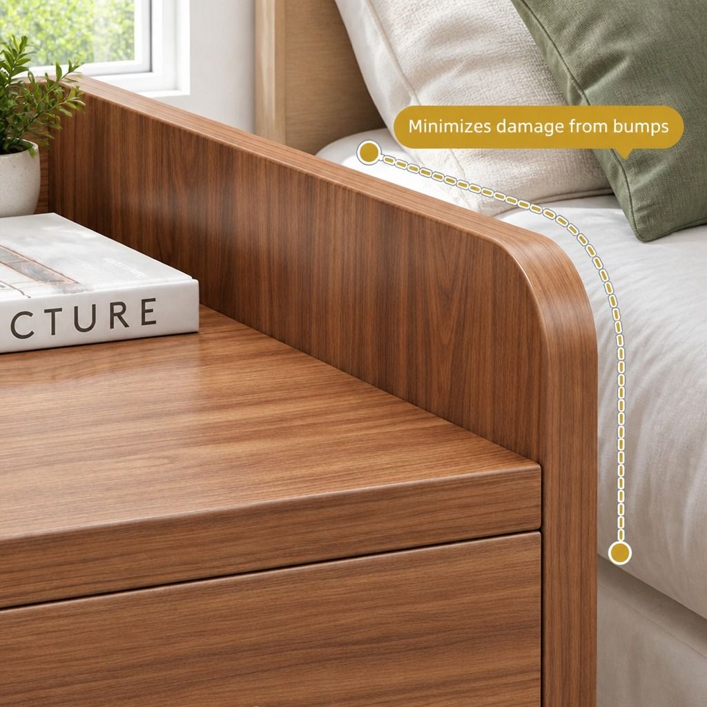 HYGGO Bedside Table Nightstand Walnut Wood Grain Double Drawer Tray Top White view 4