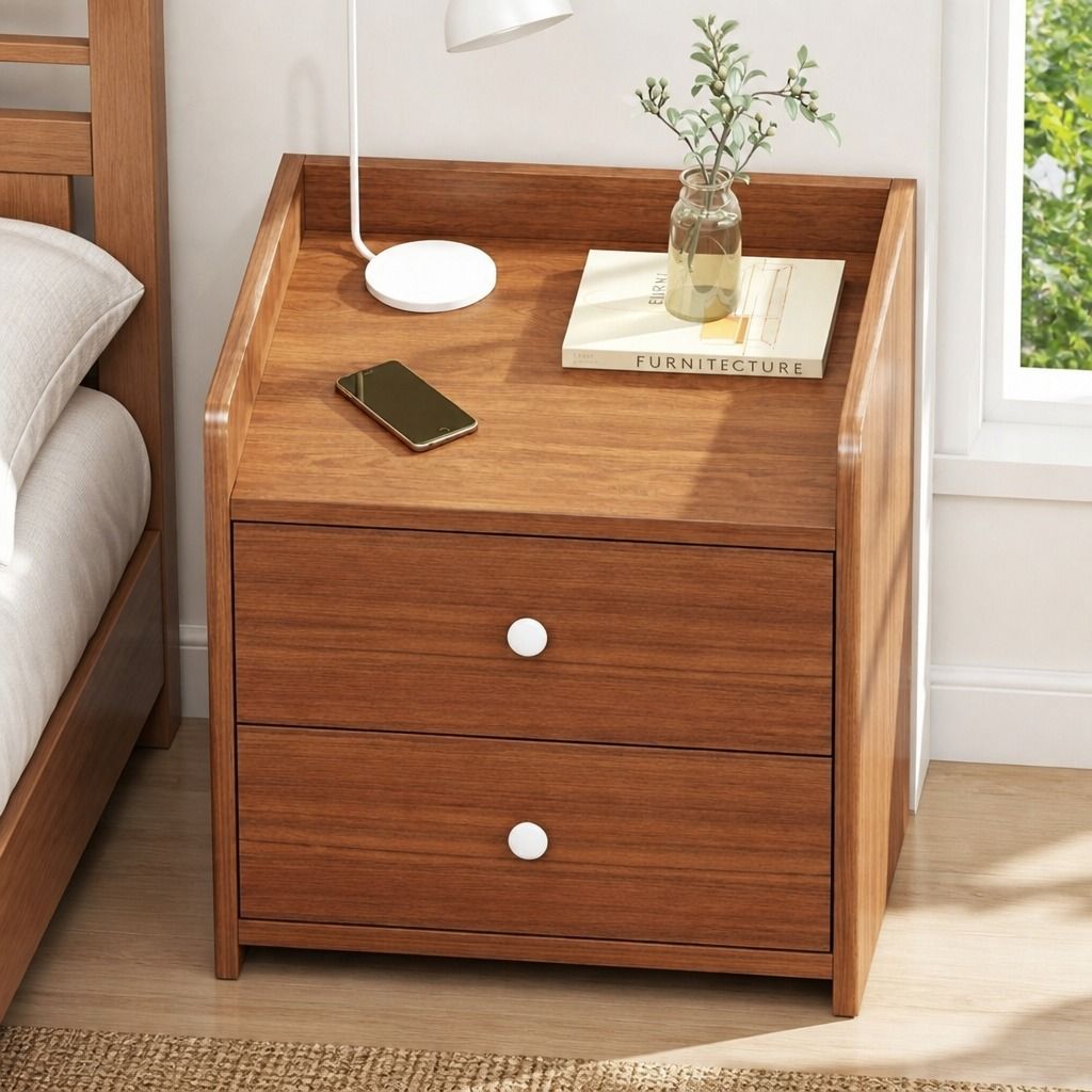 HYGGO Bedside Table Nightstand Walnut Wood Grain Double Drawer Tray Top White view 7