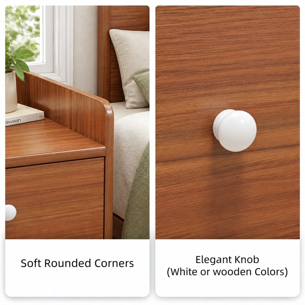 HYGGO Bedside Table Nightstand Walnut Wood Grain Double Drawer Tray Top White view 9