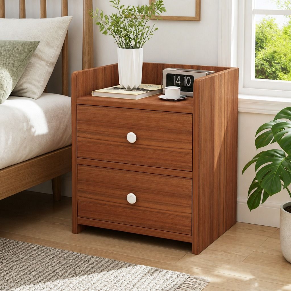HYGGO Bedside Table Nightstand Walnut Wood Grain Double Drawer Tray Top White view 11