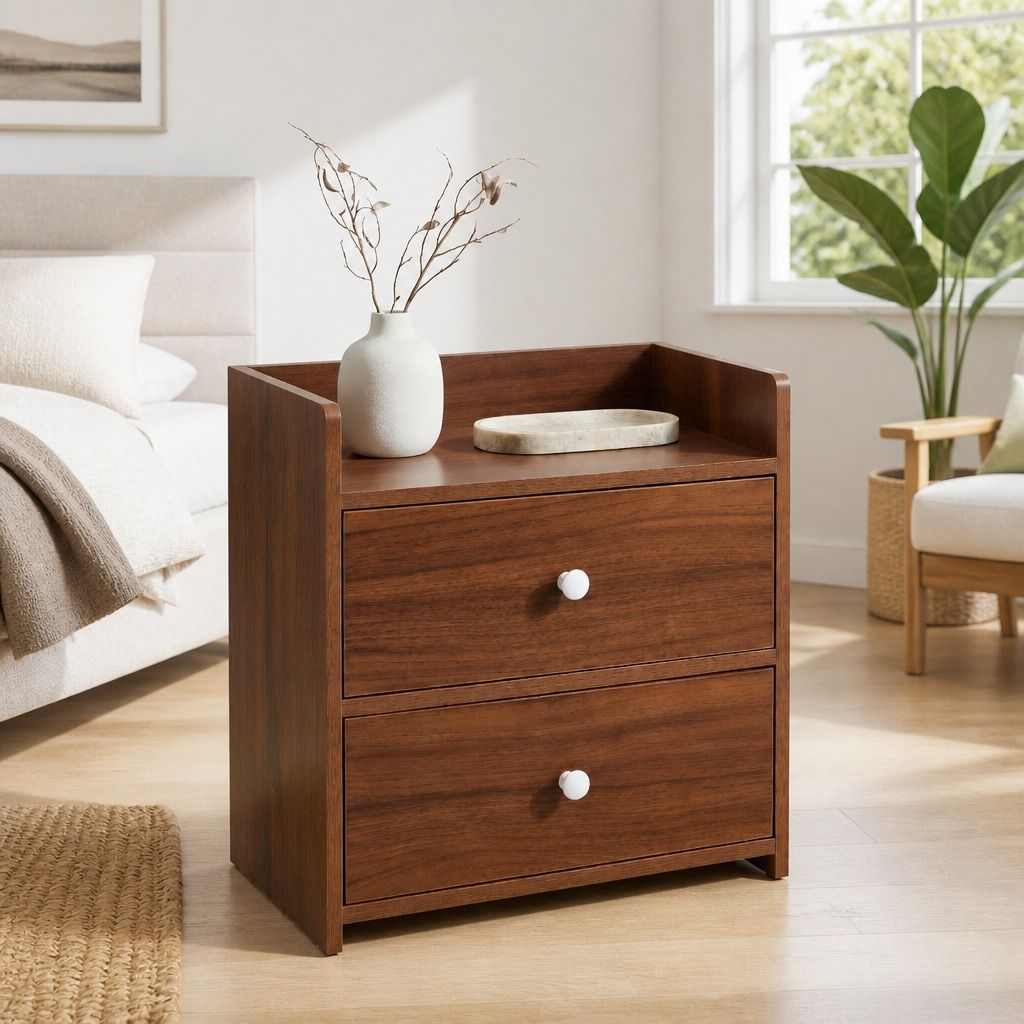 HYGGO Bedside Table Nightstand Walnut Wood Grain Double Drawer Tray Top White view 12