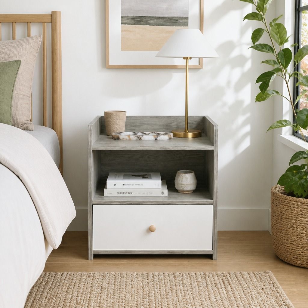 HYGGO Bedside Table Drawer Nightstand Light Gray Wood Grain Storage Tray White