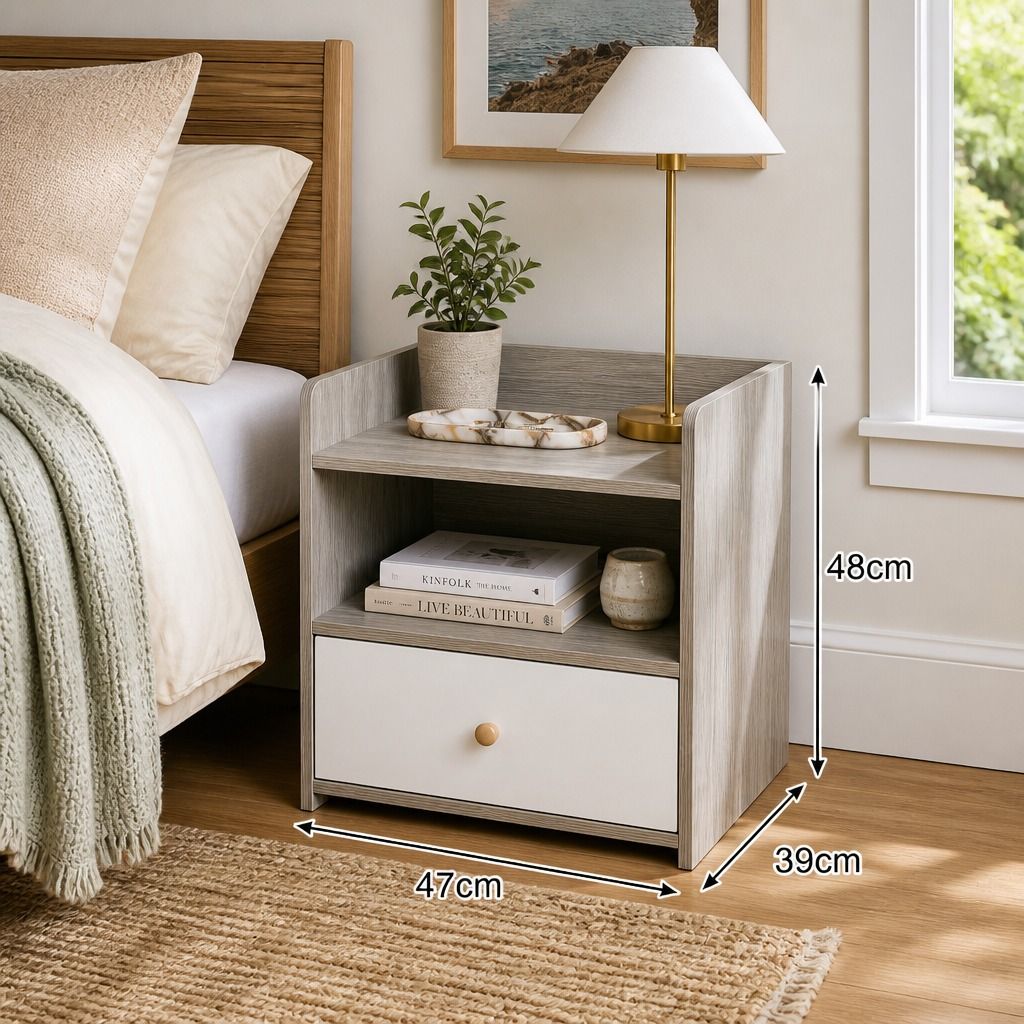 HYGGO Bedside Table Drawer Nightstand Light Gray Wood Grain Storage Tray White view 2