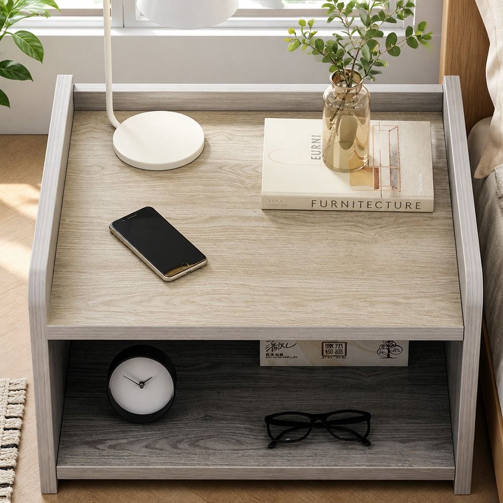 HYGGO Bedside Table Drawer Nightstand Light Gray Wood Grain Storage Tray White view 7