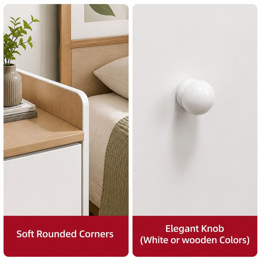 HYGGO Bedside Table Drawer Nightstand Light Gray Wood Grain Storage Tray White view 9