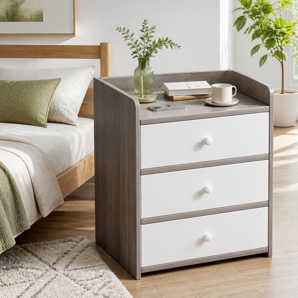 HYGGO Bedside Table Drawer Nightstand Light Gray Wood Grain Storage Tray White view 10