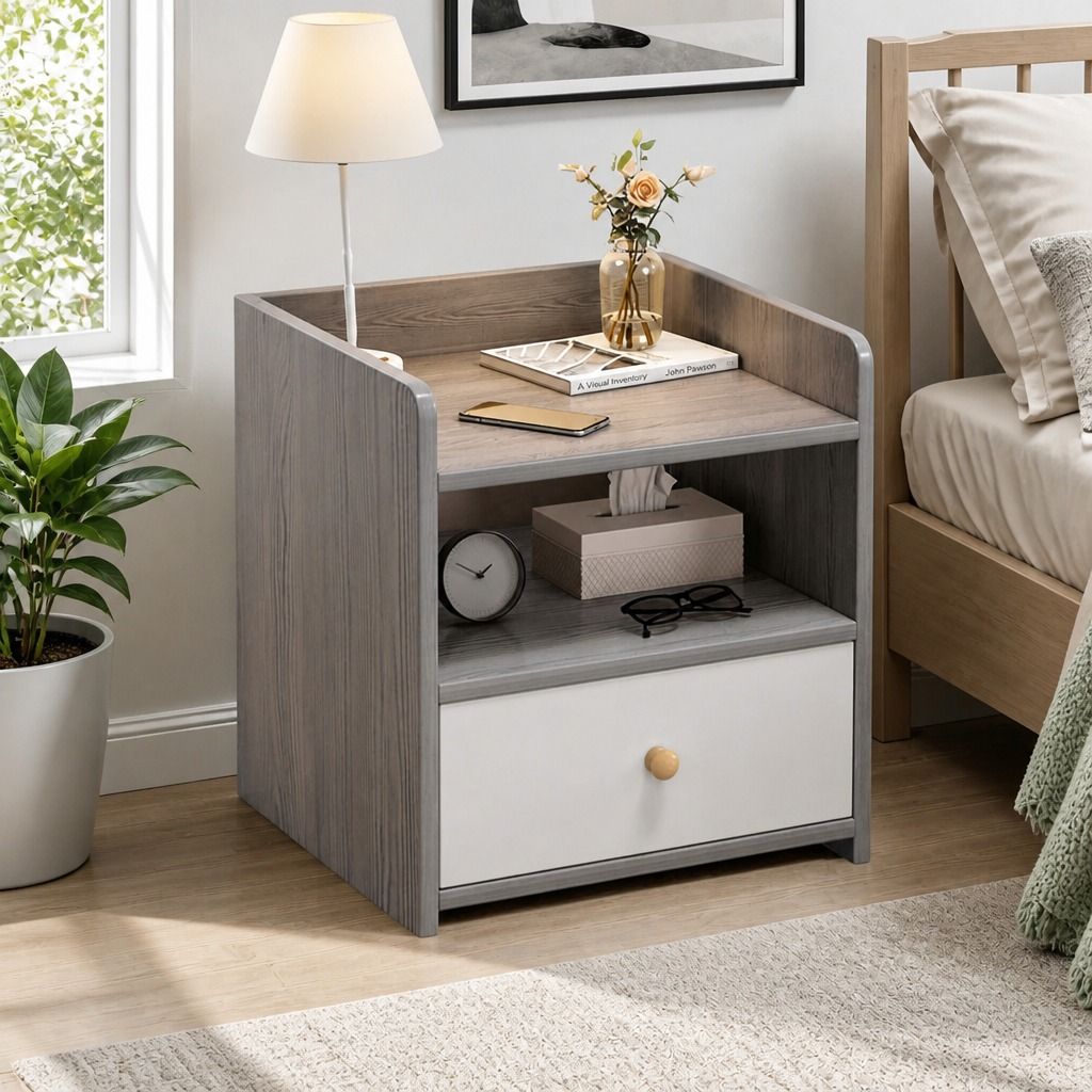 HYGGO Bedside Table Drawer Nightstand Light Gray Wood Grain Storage Tray White view 11