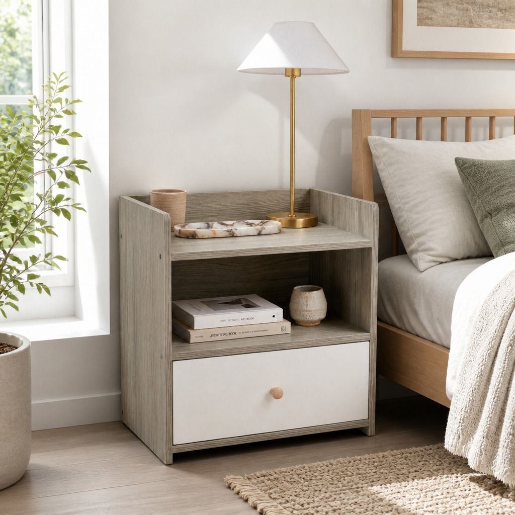 HYGGO Bedside Table Drawer Nightstand Light Gray Wood Grain Storage Tray White view 12