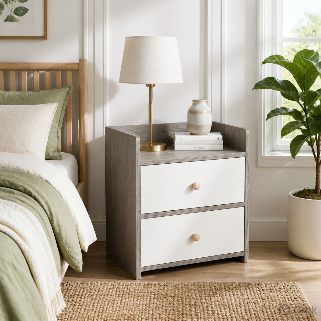 HYGGO Two-Tone Bedside Table Nightstand Light Gray White Drawers Wooden Knobs view 2