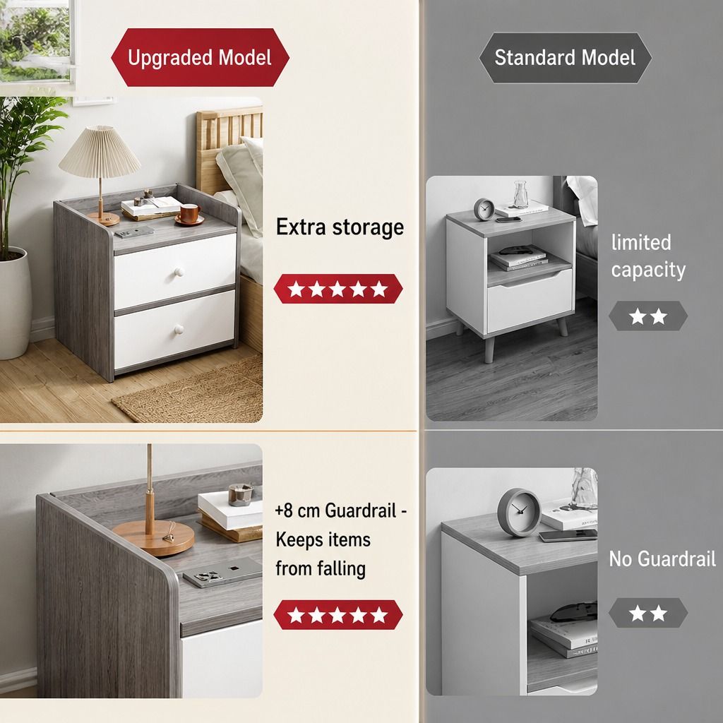 HYGGO Two-Tone Bedside Table Nightstand Light Gray White Drawers Wooden Knobs view 3