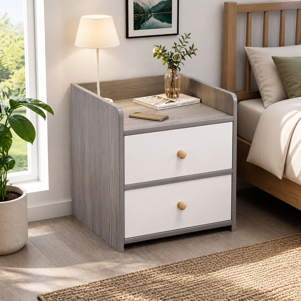 HYGGO Two-Tone Bedside Table Nightstand Light Gray White Drawers Wooden Knobs view 11