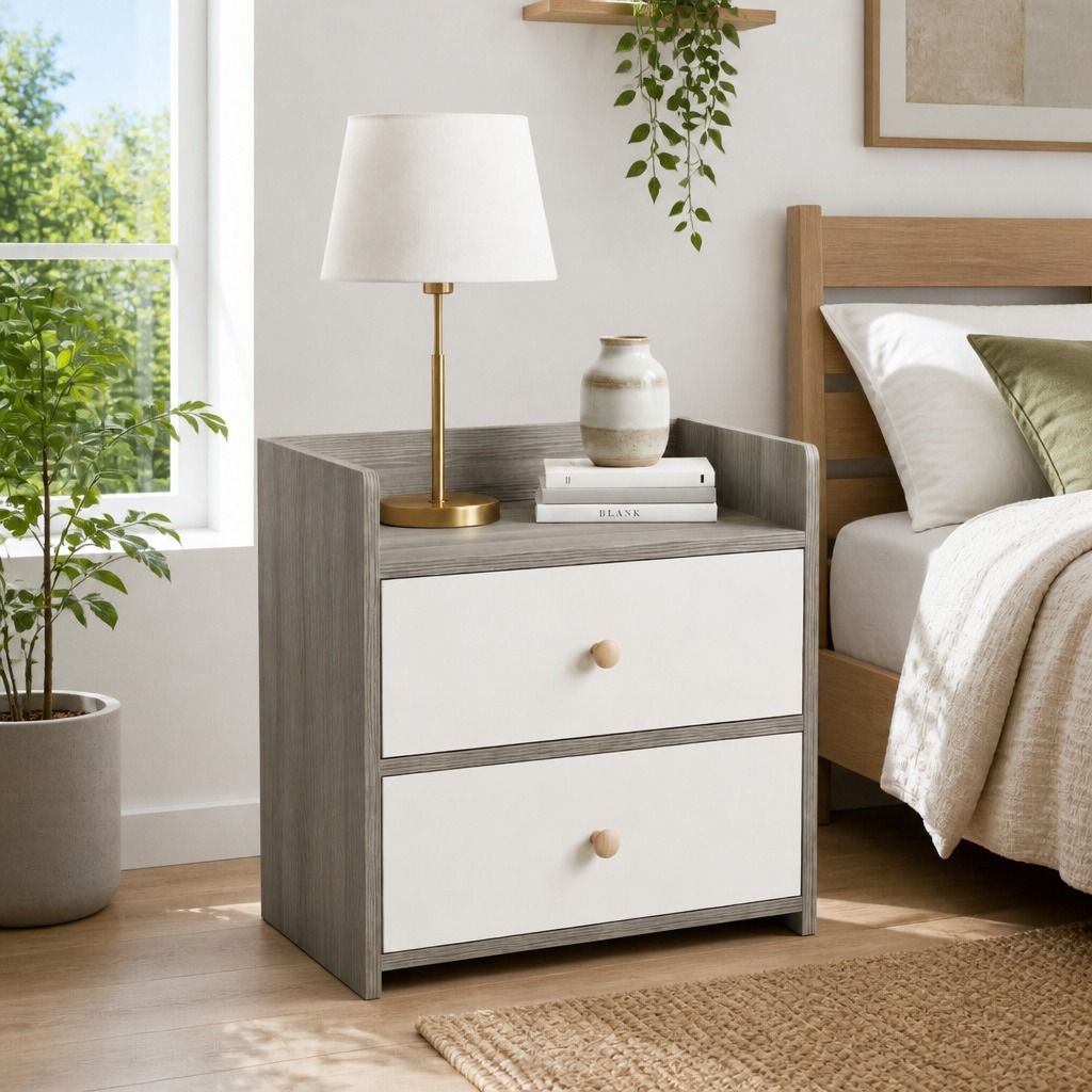 HYGGO Two-Tone Bedside Table Nightstand Light Gray White Drawers Wooden Knobs view 12