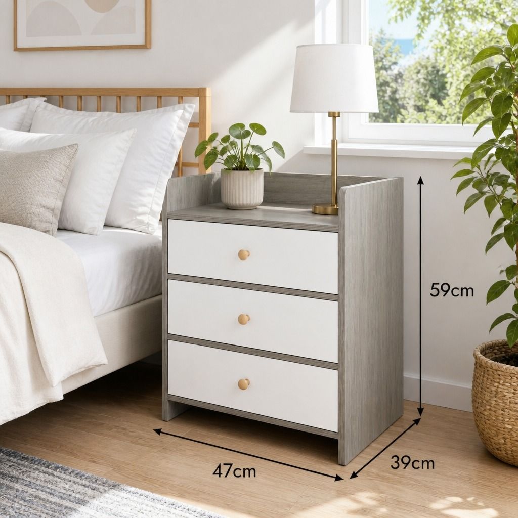 HYGGO Bedside Table Drawer Nightstand Light Gray Wood Grain 3 Drawers Wooden Knobs view 2