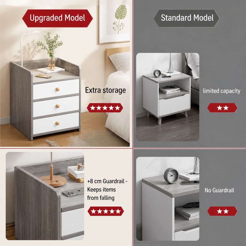 HYGGO Bedside Table Drawer Nightstand Light Gray Wood Grain 3 Drawers Wooden Knobs view 3