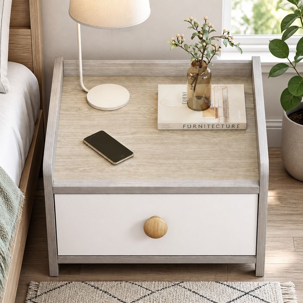 HYGGO Bedside Table Drawer Nightstand Light Gray Wood Grain 3 Drawers Wooden Knobs view 7