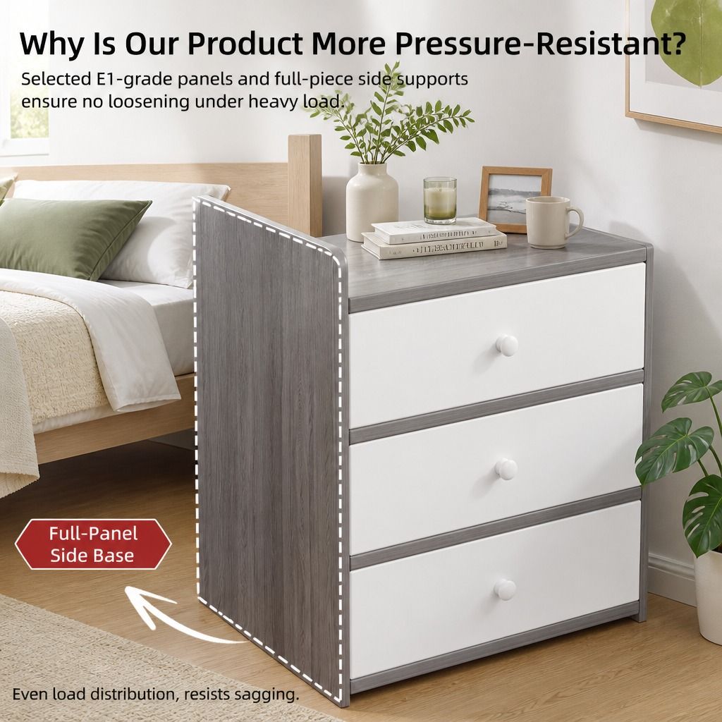 HYGGO Bedside Table Drawer Nightstand Light Gray Wood Grain 3 Drawers Wooden Knobs view 10