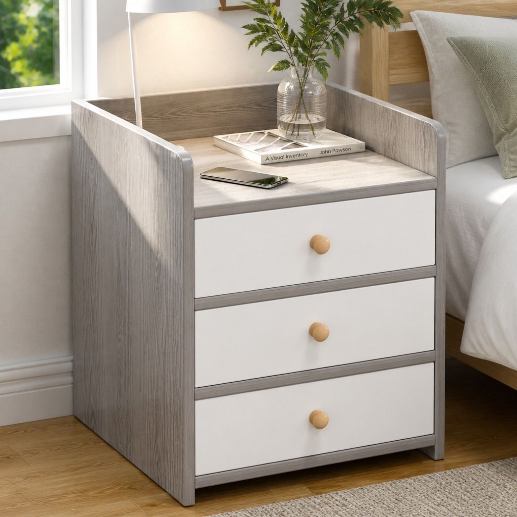HYGGO Bedside Table Drawer Nightstand Light Gray Wood Grain 3 Drawers Wooden Knobs view 11