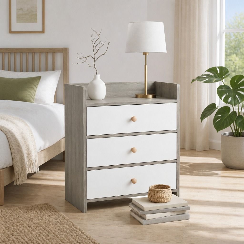 HYGGO Bedside Table Drawer Nightstand Light Gray Wood Grain 3 Drawers Wooden Knobs view 12