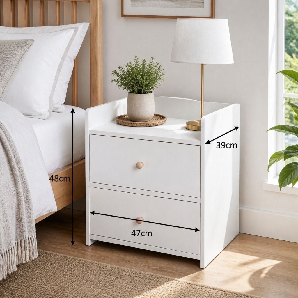 HYGGO White Minimalist Nightstand Double Drawer Bedside Table Wooden Handles Tray view 2