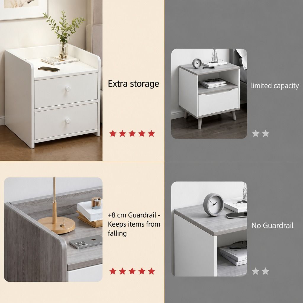 HYGGO White Minimalist Nightstand Double Drawer Bedside Table Wooden Handles Tray view 3