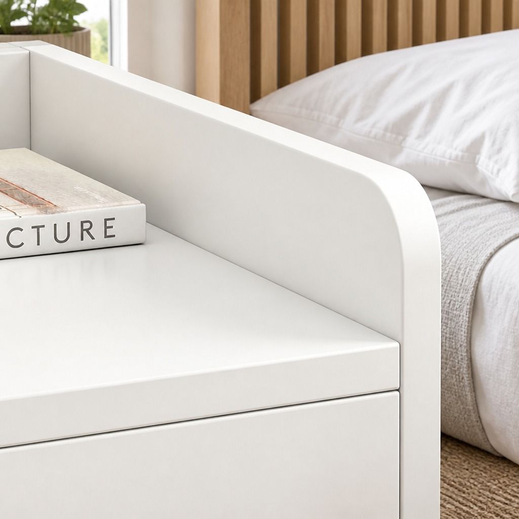 HYGGO White Minimalist Nightstand Double Drawer Bedside Table Wooden Handles Tray view 4