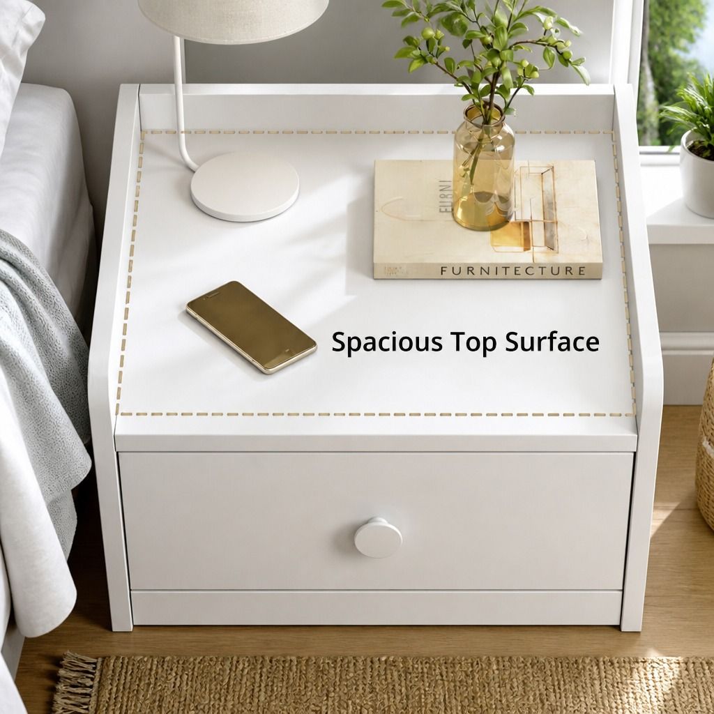 HYGGO White Minimalist Nightstand Double Drawer Bedside Table Wooden Handles Tray view 7