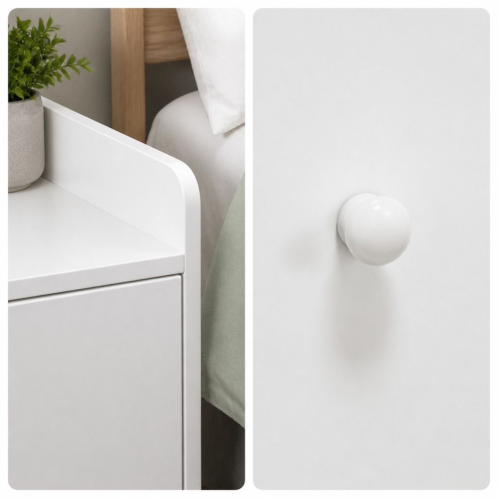 HYGGO White Minimalist Nightstand Double Drawer Bedside Table Wooden Handles Tray view 9
