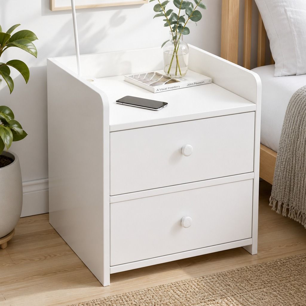 HYGGO White Minimalist Nightstand Double Drawer Bedside Table Wooden Handles Tray view 10