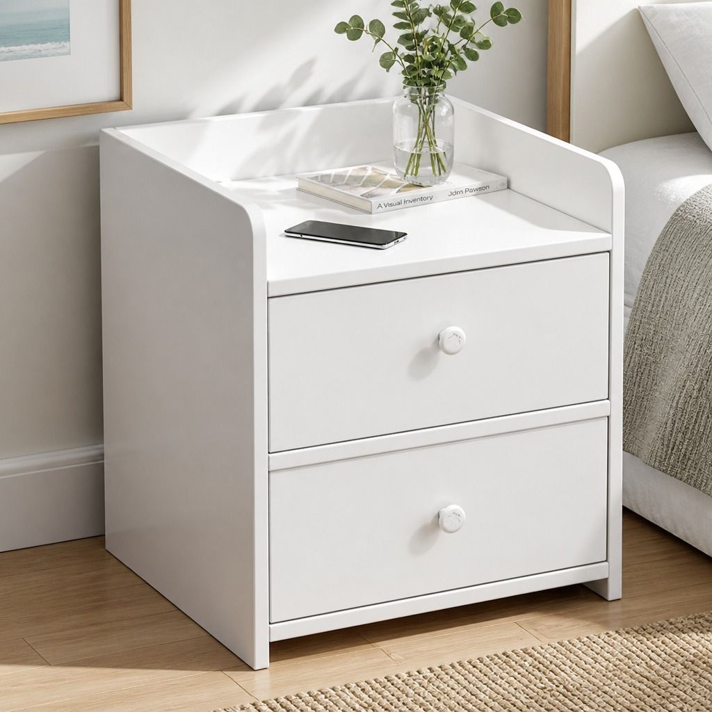 HYGGO White Minimalist Nightstand Double Drawer Bedside Table Wooden Handles Tray view 11