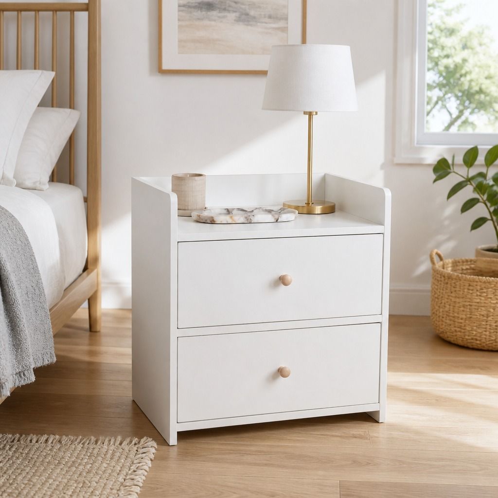 HYGGO White Minimalist Nightstand Double Drawer Bedside Table Wooden Handles Tray view 12