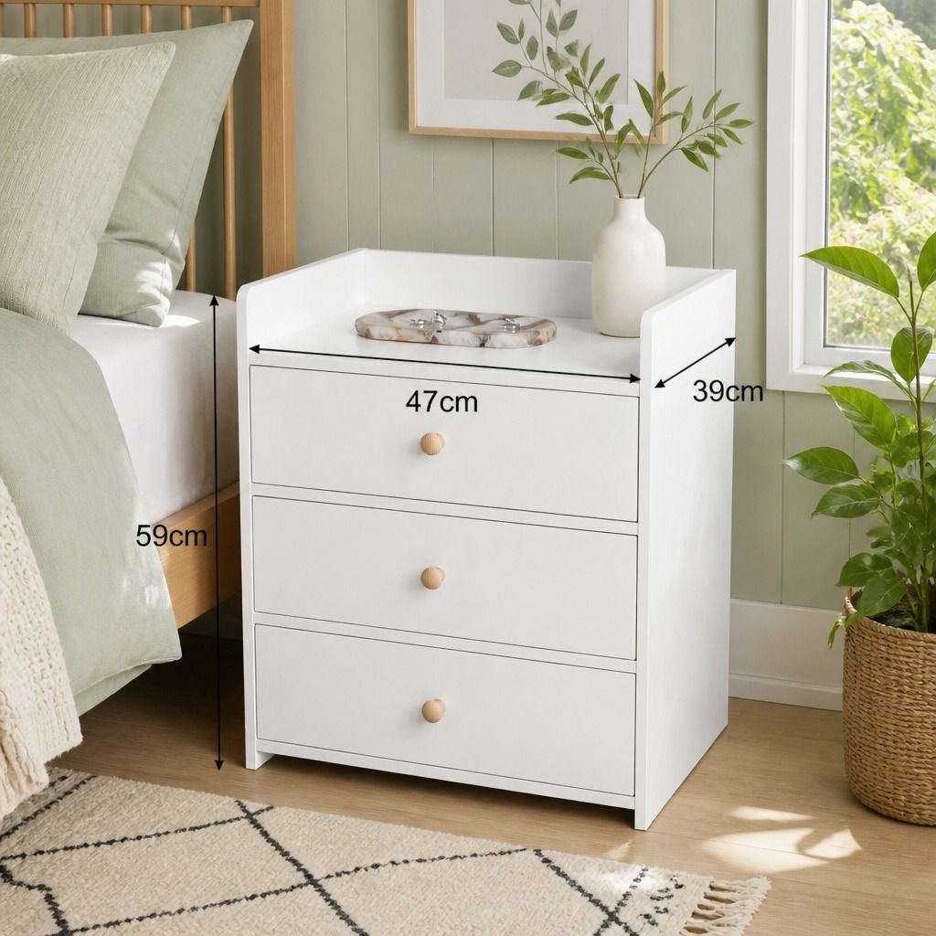 HYGGO White Minimalist Nightstand Bedside Table Triple Drawer Wooden Handles Tray view 2
