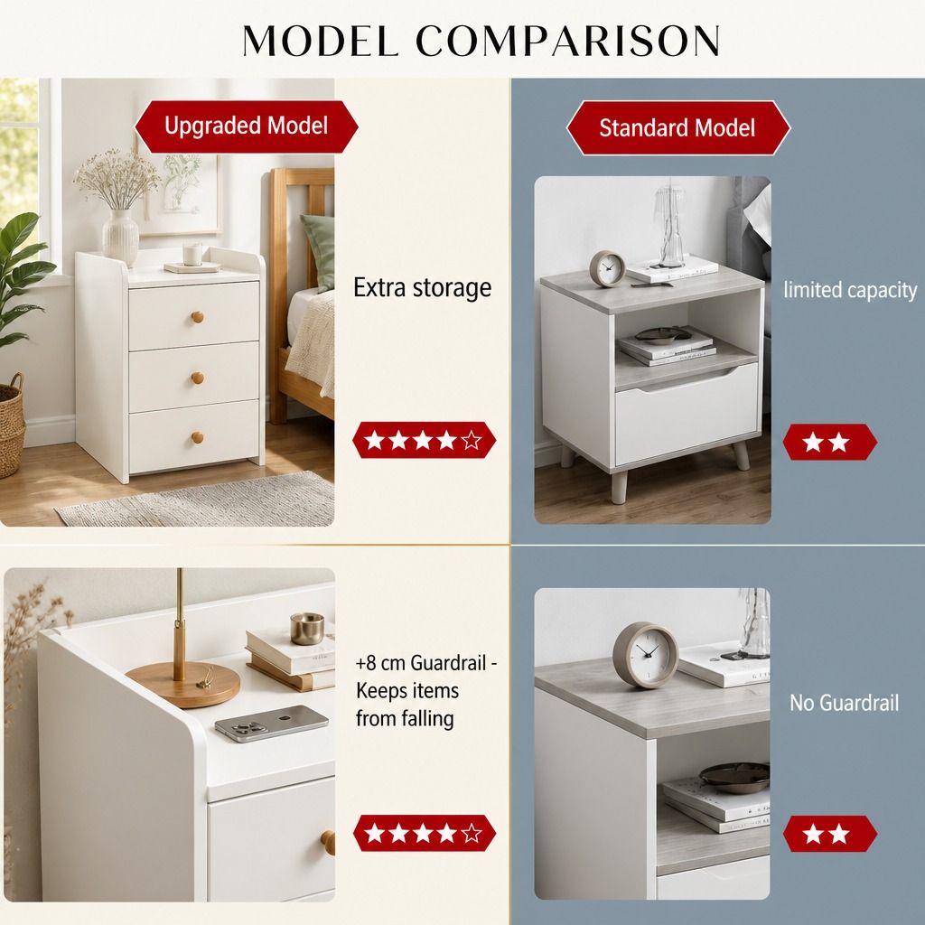 HYGGO White Minimalist Nightstand Bedside Table Triple Drawer Wooden Handles Tray view 3