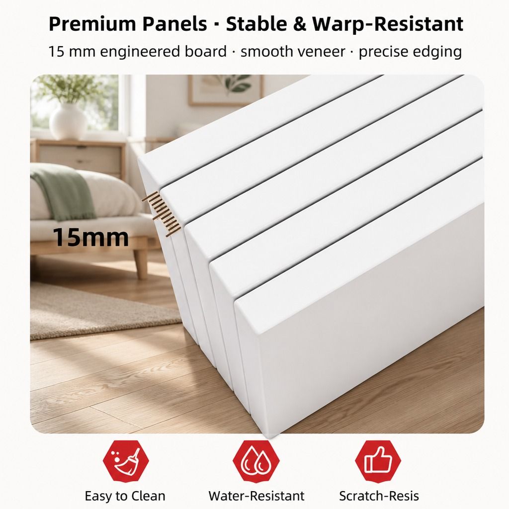 HYGGO White Minimalist Nightstand Bedside Table Triple Drawer Wooden Handles Tray view 5