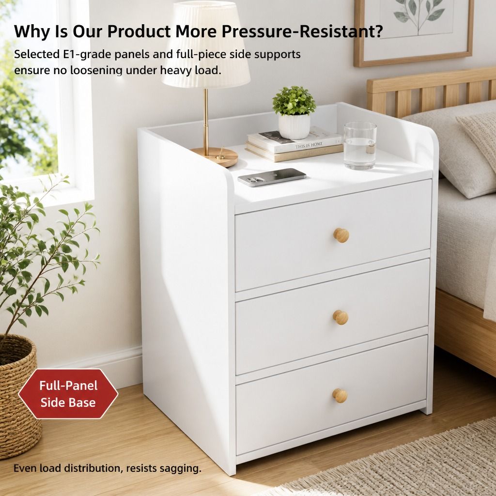 HYGGO White Minimalist Nightstand Bedside Table Triple Drawer Wooden Handles Tray view 10