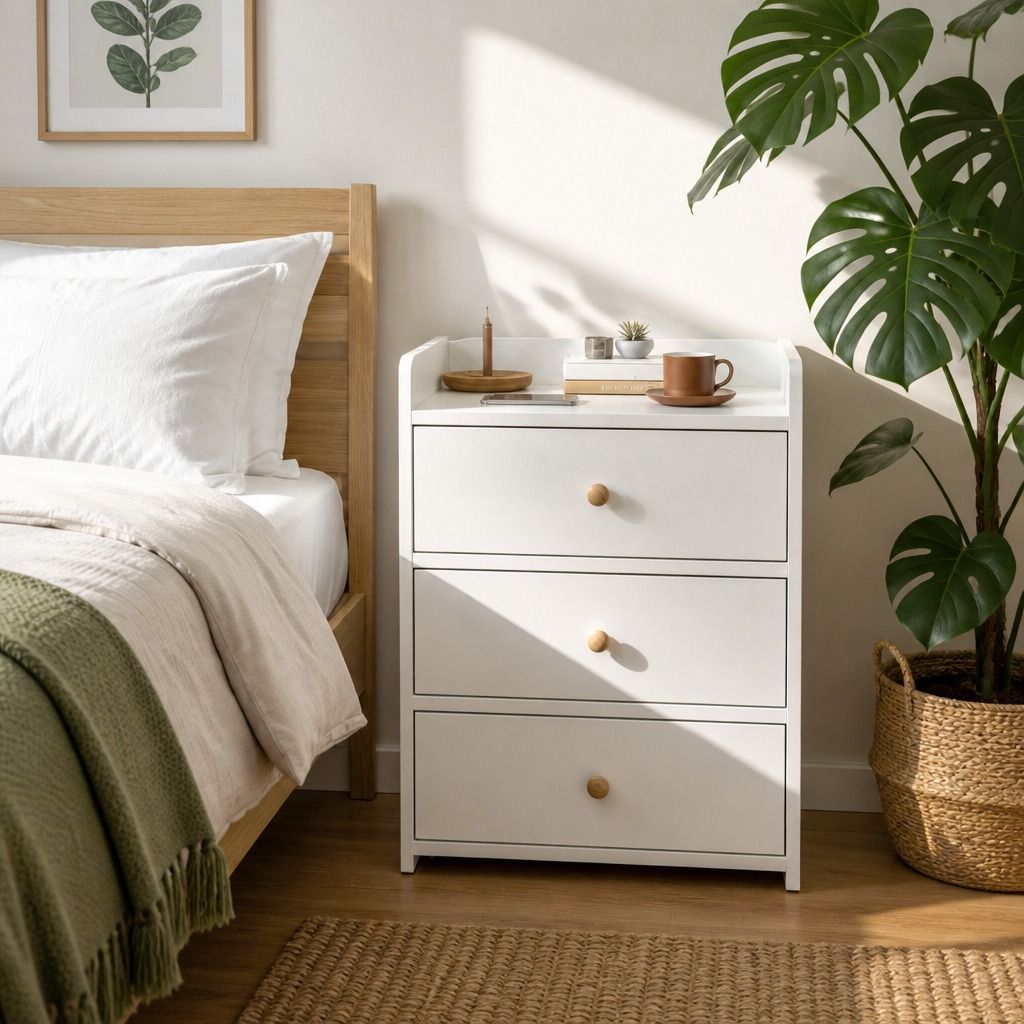 HYGGO White Minimalist Nightstand Bedside Table Triple Drawer Wooden Handles Tray view 11