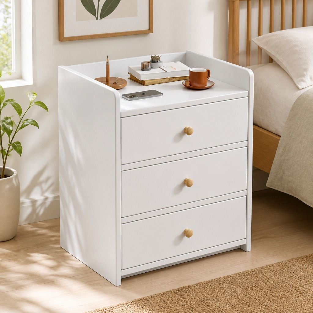 HYGGO White Minimalist Nightstand Bedside Table Triple Drawer Wooden Handles Tray view 12