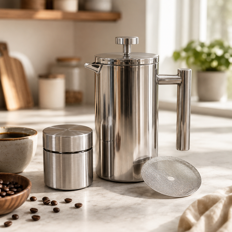 Silver French Press Coffee Maker 1000ml with Coffee Bean Can + Extra Filter