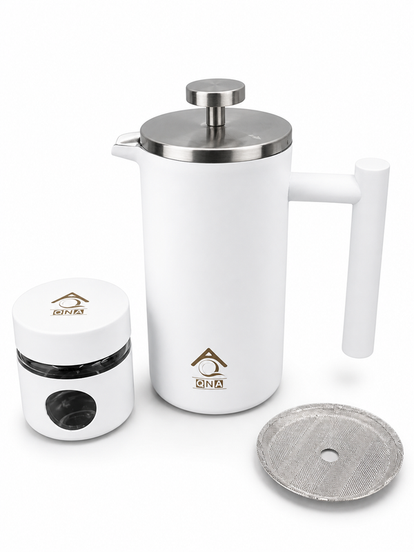 White French Press Coffee Maker 1000ml with Coffee Bean Can + Extra Filter