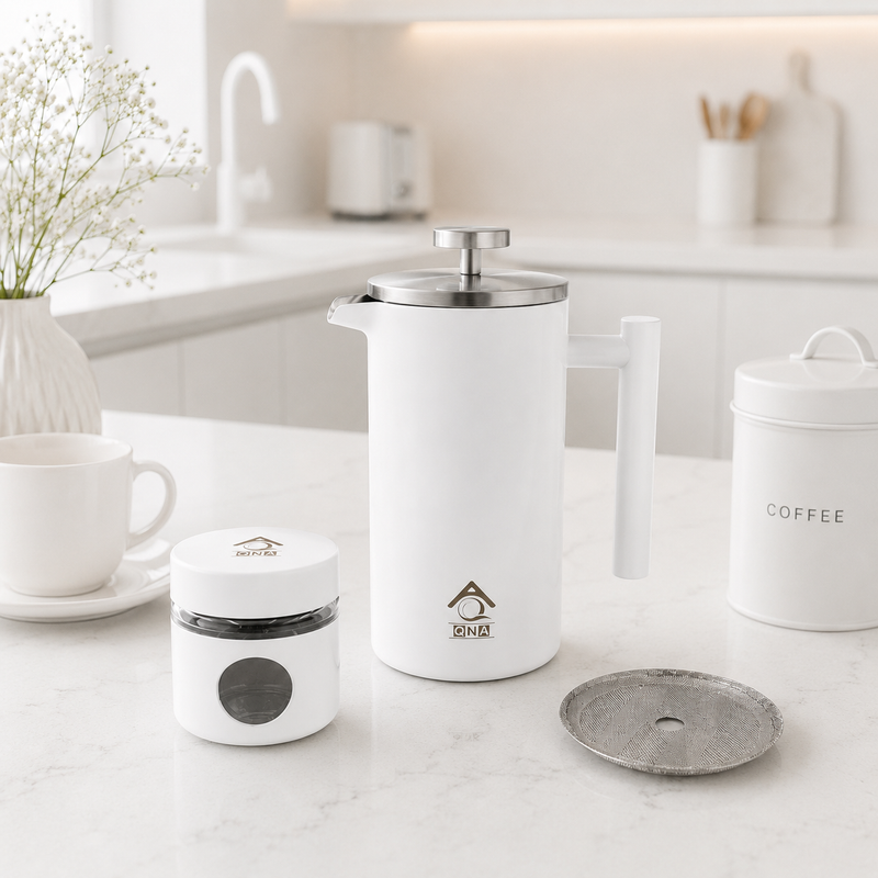 White French Press Coffee Maker 1000ml with Coffee Bean Can + Extra Filter view 2
