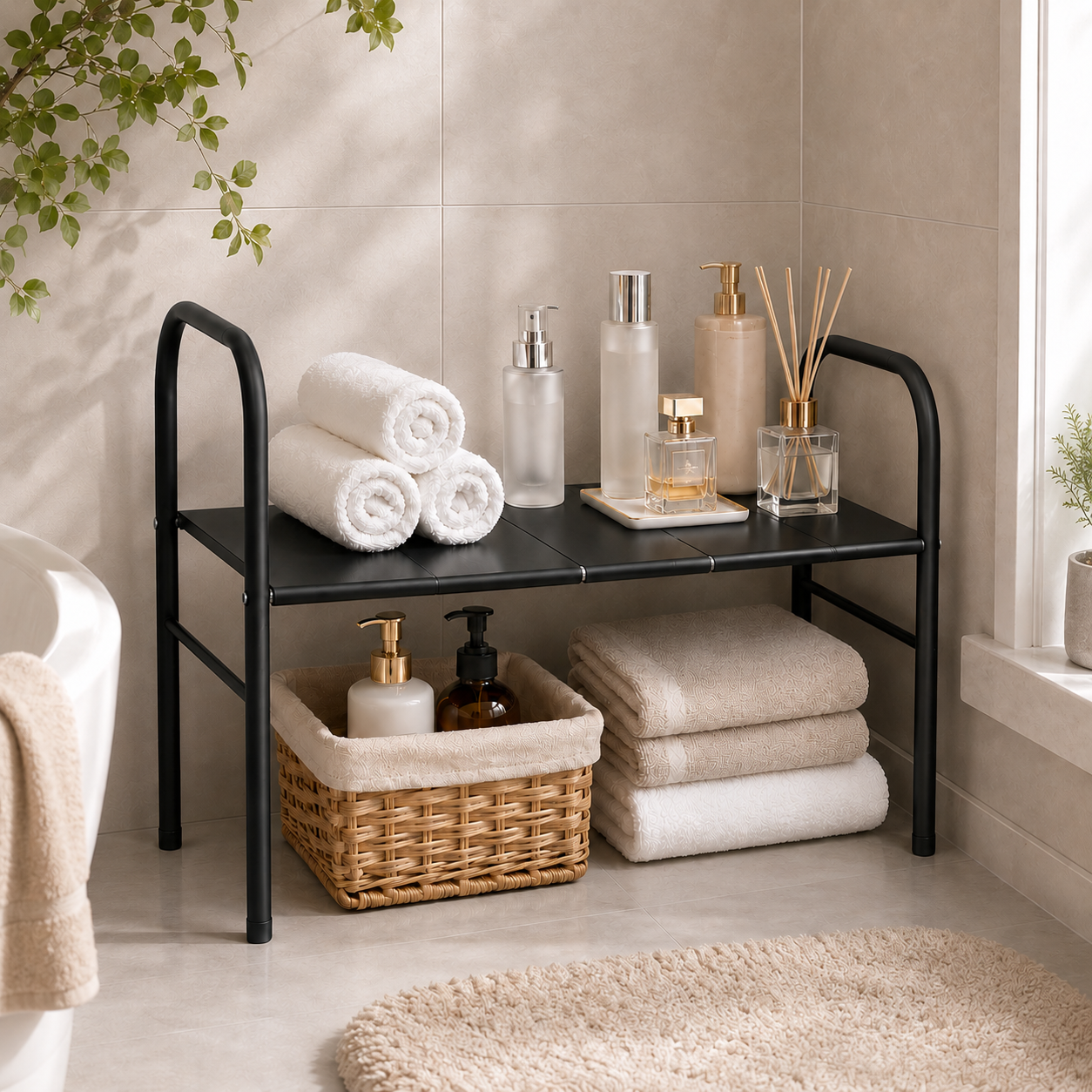 Extendable Storage Rack Under Sink Shelf Kitchen Organizer black — image 1